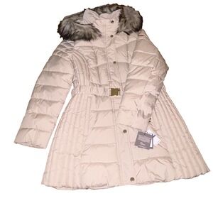 Laundry by‎ Shelli Segal XL Ivory Coat Faux Fur Hood Belted NWT $200 Winter Chic